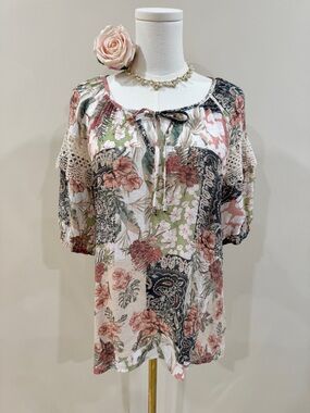 Palm Rio Floral Patchwork Print Blouse Crochet Lace Sleeve Boho Peasant Top Sz M